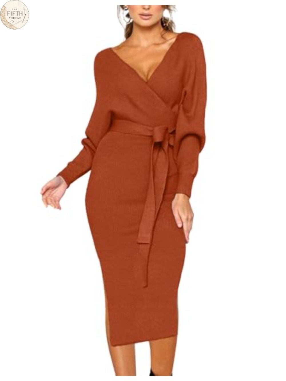 Sweater Dress V Neck Batwing Long Belted Dress